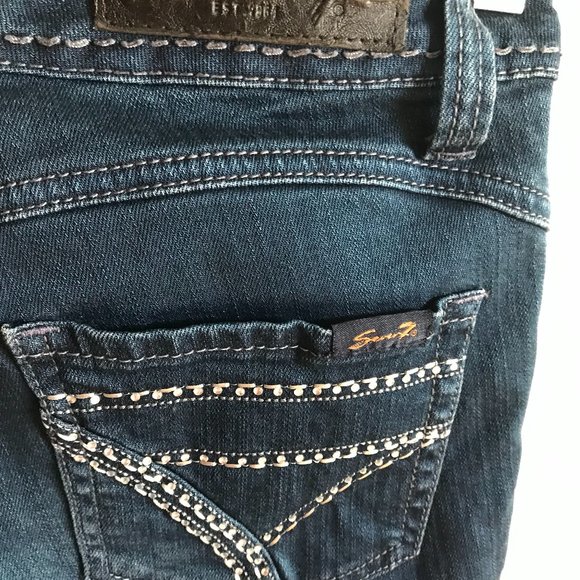 SEVEN7 WOMEN JEANS SZ JR 27" SLIM BOOT CUT STRETCH EMBELISHED POCKET EUC - Picture 8 of 11